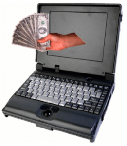 Hand full of money coming out of laptop screen